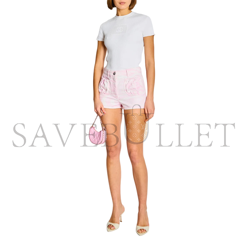 CHANEL COCO BEACH PINK AND WHITE DENIM SHORTS WITH CC LOGO PRINT 